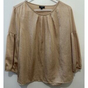 Talbots Office Blouse 12P Poly Solid Silky Champagne Balloon 3/4 Sleeve Holiday